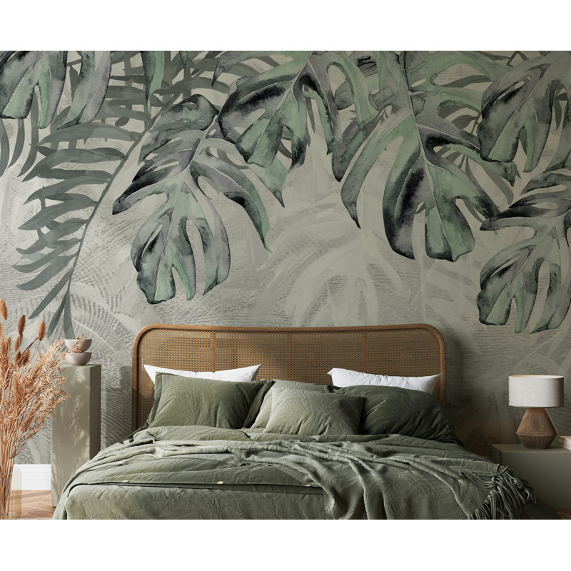 Papier peint amovible de feuilles de palmier tropical tropical rétro, L 48,96 po x L 75 po
