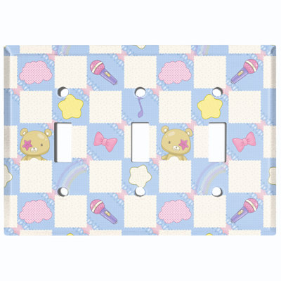 Metal Light Switch Plate Outlet Cover (Blue White Toy Chest Karaoke Bear - Triple Toggle)