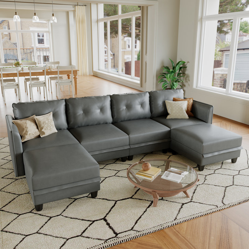 Canapé modulaire en U avec repose-pieds 6 pièces Zendejas, Similicuir gris