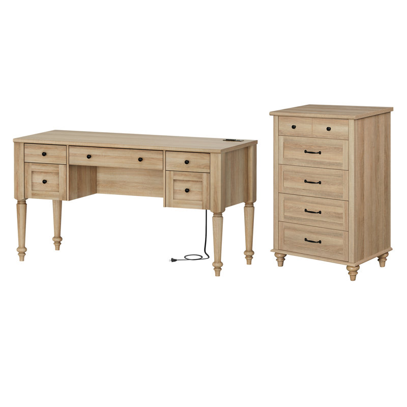2 Piece Office Set, 56" Executive Writing Desk & 5 Drawer Dresser, Oak