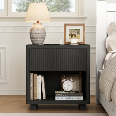 24” W End Table With Storage And Charging Station, Solid Wood Side Table With Shelf