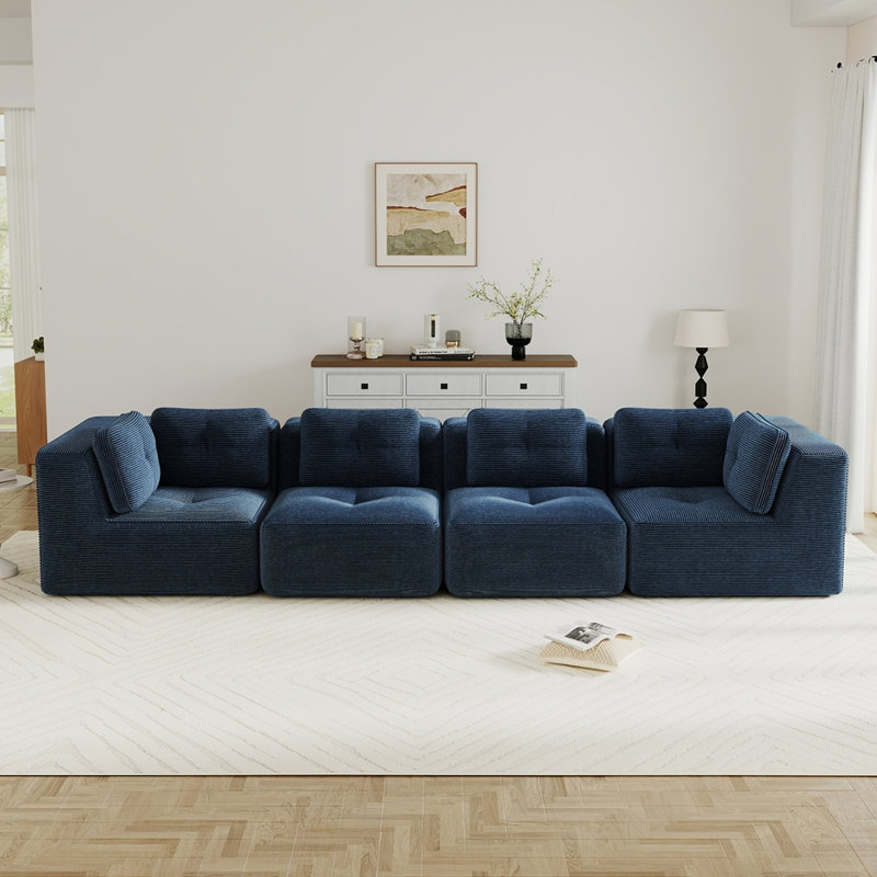 Canapé modulaire moderne pour le salon, tissu en velours côtelé, siège surdimensionné à 4 places avec siège profond, passepoil perlé, conception capitonnée, sans assemblage, conception antidérapante