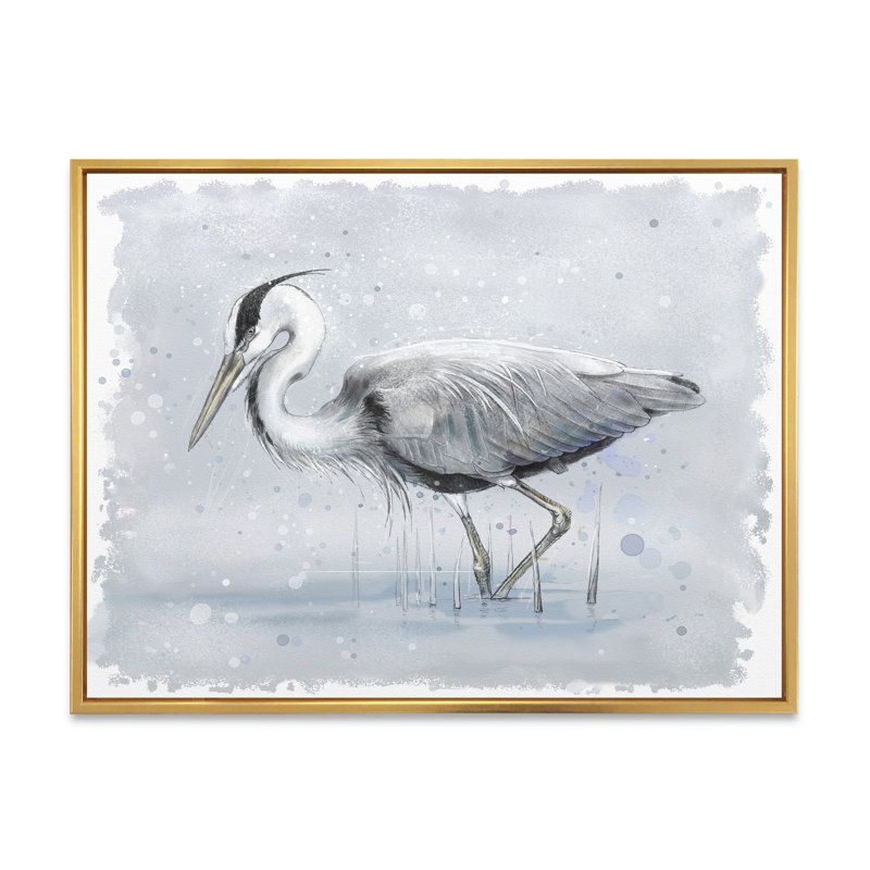 Héron cendré gris - peinture sur toile, H 12 po x l 20 po x p 1 po, Encadrement doré