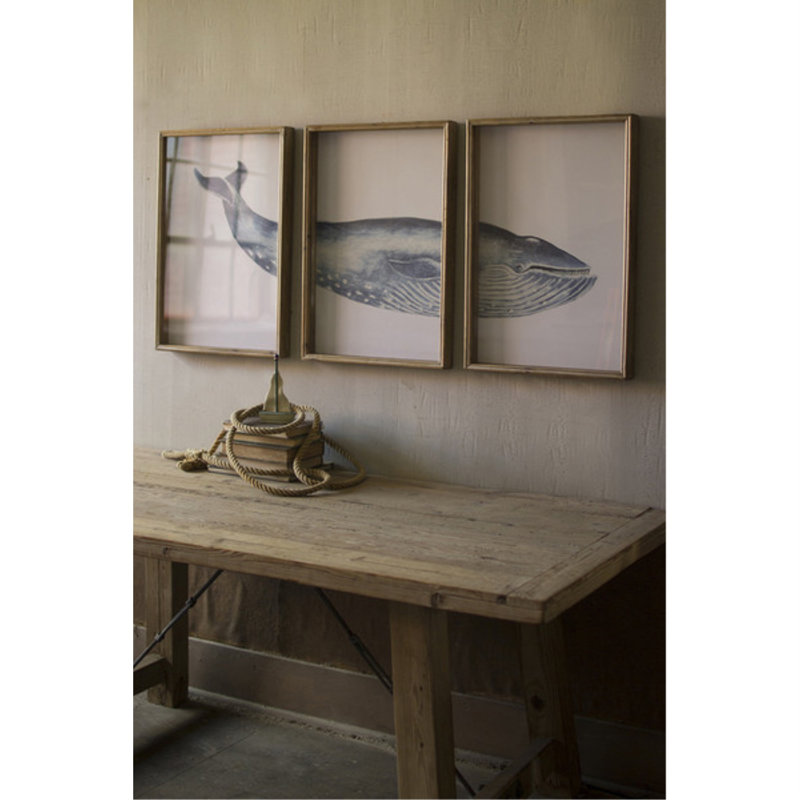  Wall Art, Framed Whale Print Under Glass 26"H – Distressed Gray Wood Frame Coastal Wall Decor