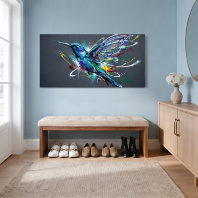 Ensemble d'une toile imprimée abstraite représentant un colibri coloré