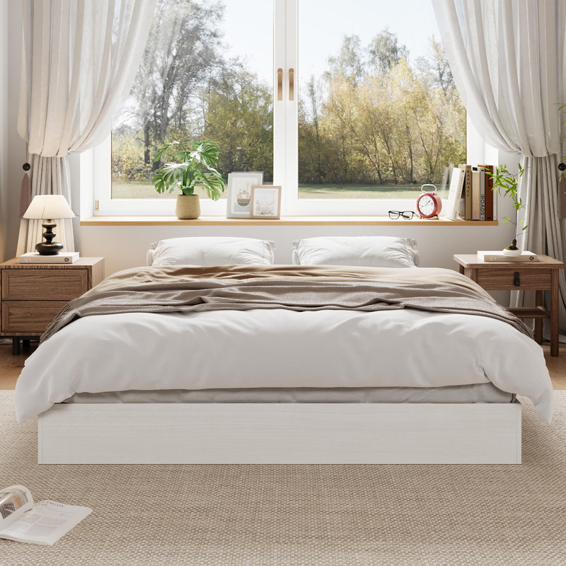  Modern Minimalist Sturdy Wood Platform Bed Frame for Home - Full Size, Floor-Standing, Sturdy Wooden Slats, Noise-Free, No Box Spring Needed, Easy Assembly, Space-Saving - White