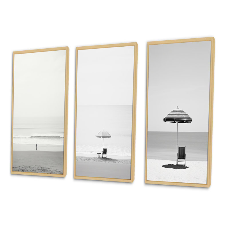 Minimalisme noir et blanc, ensemble de 3 photos d'art nautique et de plage, Encadrement brun, H 32 po x l 48 po