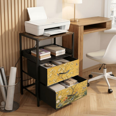 Table de chevet 2 tiroirs avec station de charge, table de chevet pour chambre avec ports USB et amp; Outlets, tablette ouverte noire, table de chevet avec fleurs de cerisier en fleurs, imprimé asiatique traditionnel