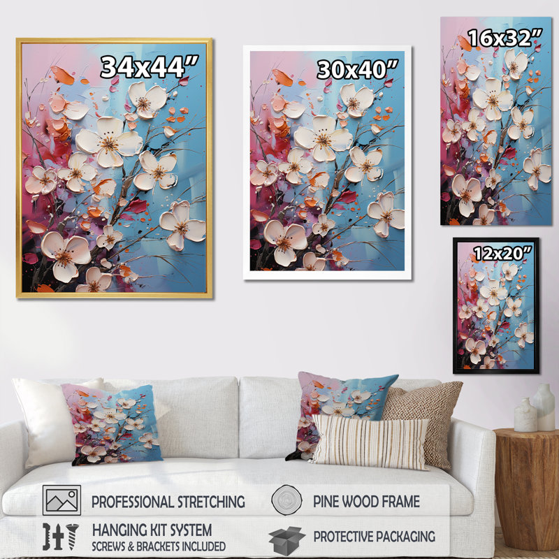Fleurs de cornouiller bleues et roses sur toile, Toile tendue, H 40 po x l 30 po x P 1,5 po
