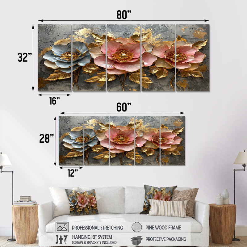 Or doré, rose, pivoine dorée - ensemble d'art sur toile pivoine, H 28 po x l 60 po