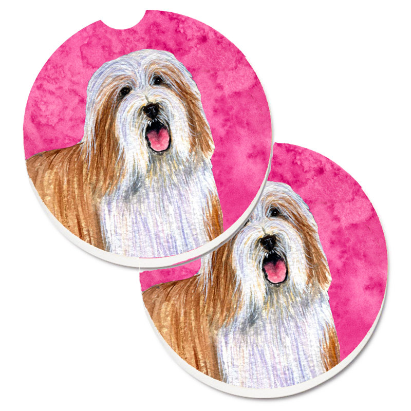 Ceramic Round 2 Piece Car Coaster Set, Brown Bearded Collie