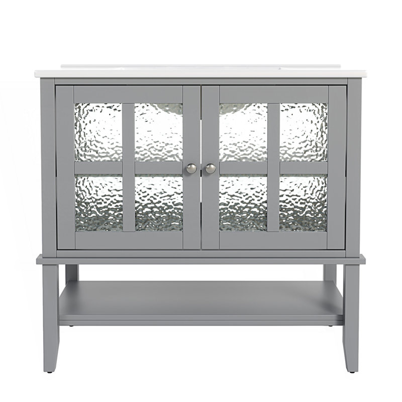 Meuble-lavabo avec lavabo en céramique, meuble-lavabo avec tablette réglable et tablette ouverte, Gris