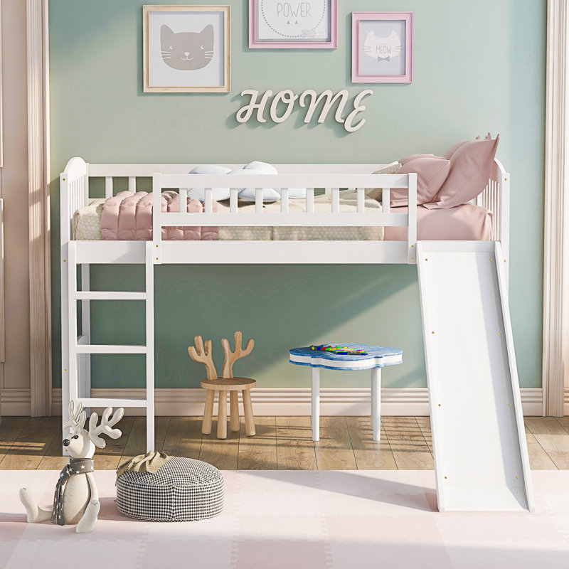 Lit mezzanine simple avec glissoire et échelle, Blanc