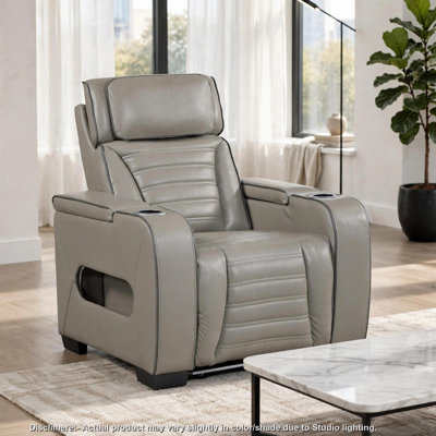 Cyrus Power Recliner, Headrest, Heat Massage, USB Ports, LED, Gray Leather