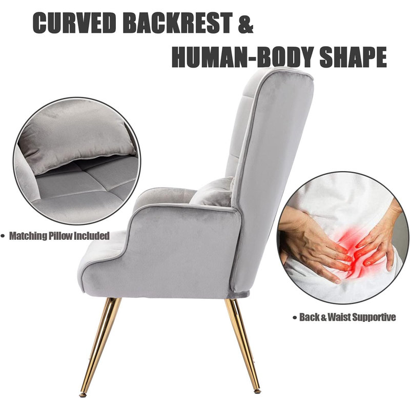 Gray Velvet High-Back Armchair with Golden Metal Legs