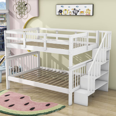 Elvia Full Over Full Wooden Bunk Bed with Stair and Guardrail