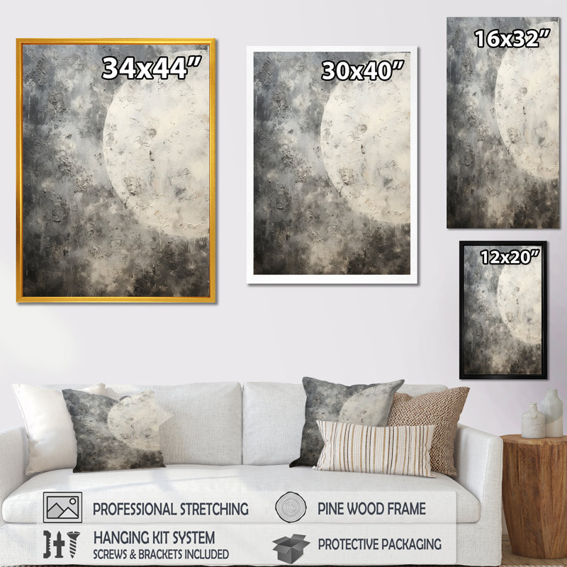 Minimalisme, lune grise, surface 2 - Tachisme, art mural, Cadre simple noir, H 20 po x l 12 po x P 1 po
