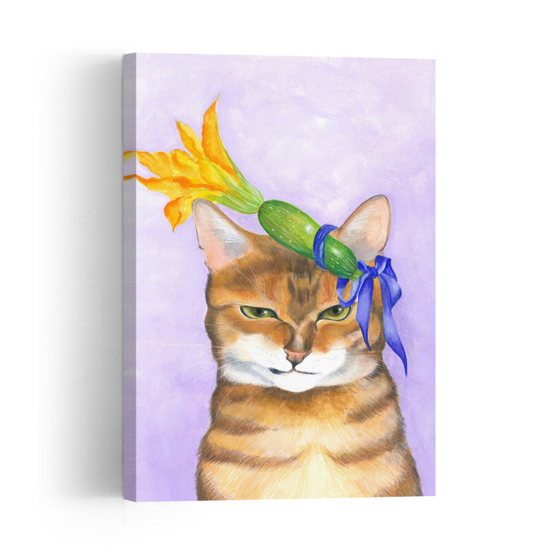 Jasper Cat And Courgette Hat Whimsical Contemporary Cat Flower Portrait Wall Art Print 1 Piece Wrapped Canvas Wall Art