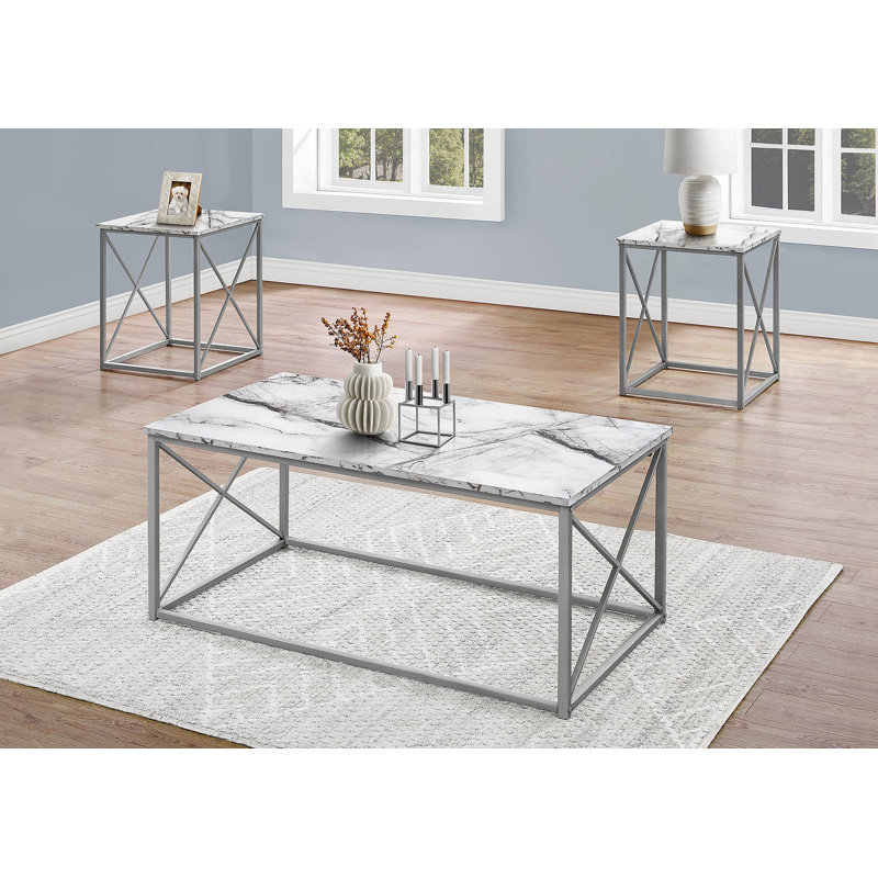 Ensemble de table, table basse, bout, côté, décor, salon, stratifié aspect marbre blanc, métal gris