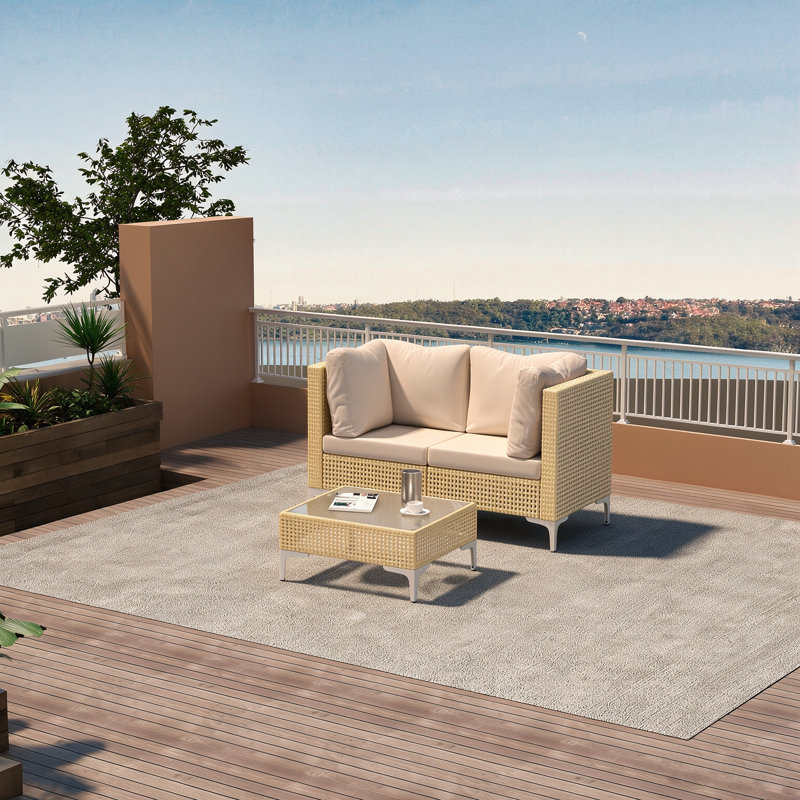 Ensemble de conversation 3 pièces en osier, canapé modulaire d'extérieur Boho avec coussins épais résistants à l'eau et table basse, jaune / beige