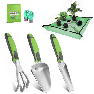 5PCS Garden Tool Set, Powder Coating Compact Aluminum Gardening Tool Set With Repotting Mat, Outdoor Garden Hand Tools, Ideal Gardening Gift, Green