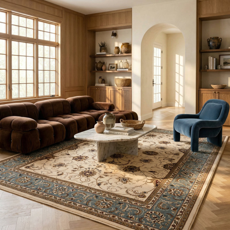 Rug Branch Yasmin 4' x 6' (3'9" x 5'6") Beige/Blue Persian Medallion Indoor Area Rug, Traditional, Low Pile, Stain-Resistant Carpet - Living Room, Bedroom, Dining Room, and Kitchen