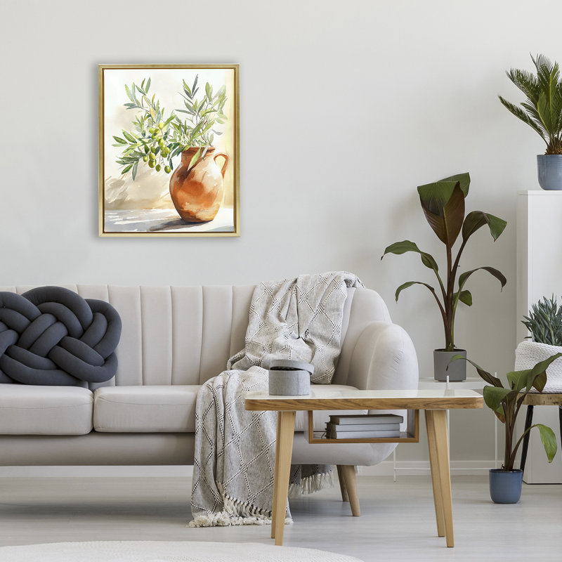 Branche d'olivier dans un cadre flottant en terre cuite, design par LSR Design Studio, 21 x 17, Metallic Gold Floater Framed