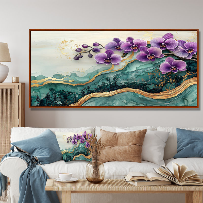 Murula orchidées lavande fleurs sur émode géode III - art mural orchidée pour le salon, H 28 po x l 60 po, Floater Framed