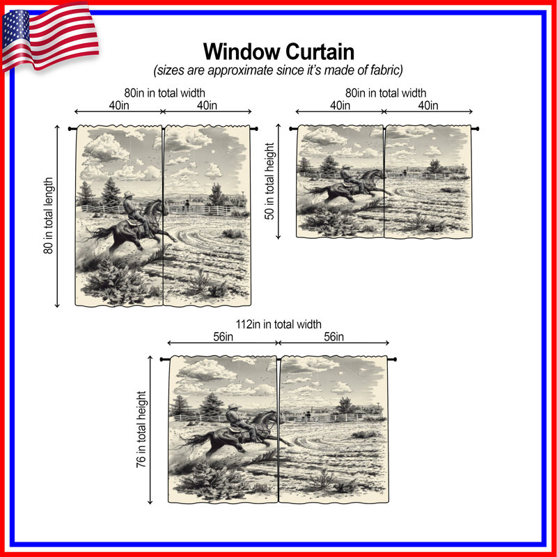 Cowboy Window Curtains  Landscape Sheer & Room Darkening - 2 Panels, 20in x 80in - 2 panels, Sheer