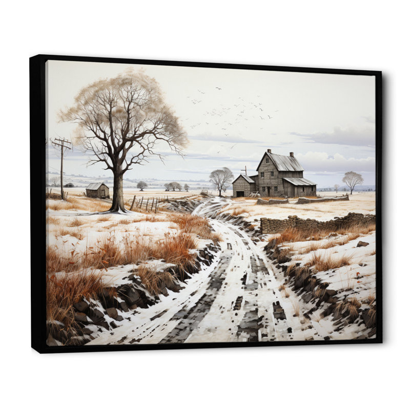 " Winter Farm Monochrome Harvest I ", H 34 po x l 44 po x P 1,5 po, Cadre flottant noir