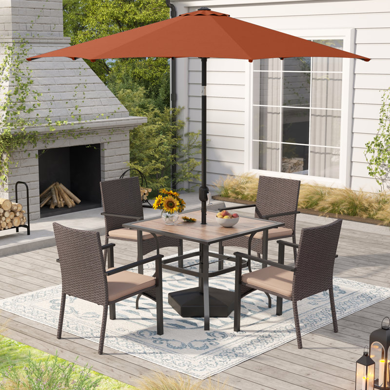 6 Pcs Patio Dining Set 4 Armchairs And Square Table With Umbrella, Orange