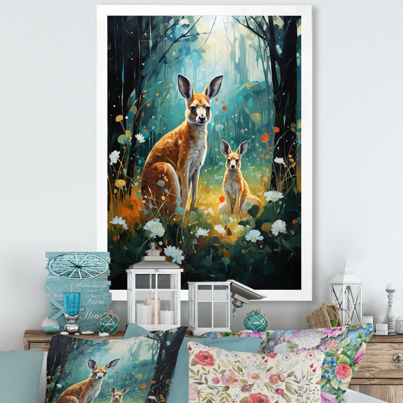 «Cute Kangaroo Flower Oasis II», reproduction sur toile, Cadre simple blanc, H 20 po x l 12 po x P 1 po