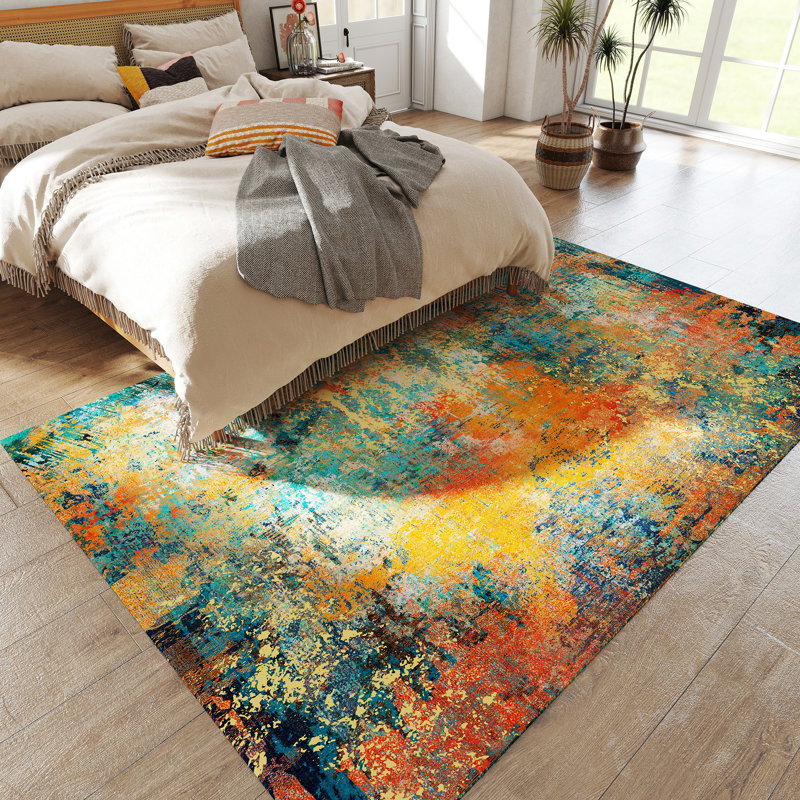 Living Room Rug 6x9 ft Yellow and Blue Area Rug Machine Washable Rug, Non Slip Vintage Rug Stain Resistant Indoor Large Carpet for Bedroom, Boho Rug, Distressed Retro Floor Rug for Classroom, Dorm, Dining Room