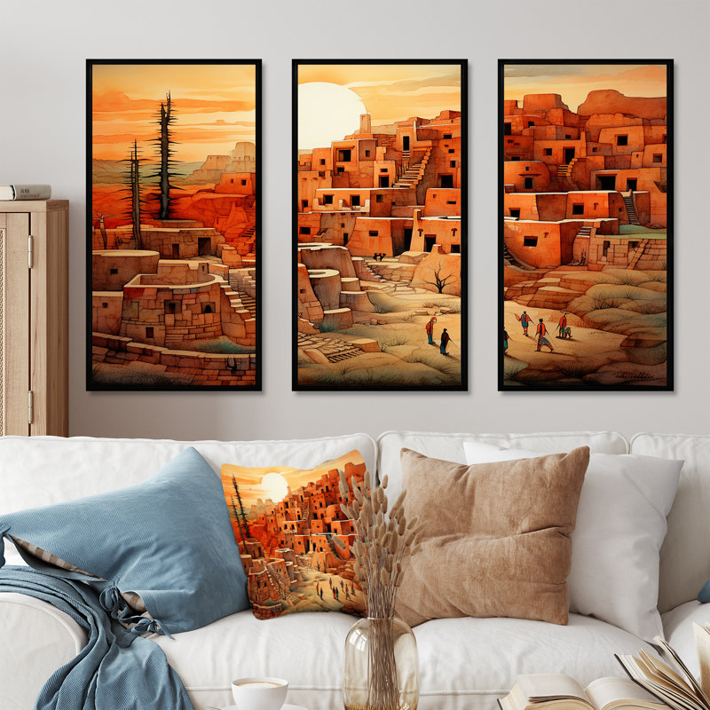 Paysage urbain amérindien - ensemble d'art mural amérindien, Cadre flottant noir, H 32 po x l 48 po x P 1 po