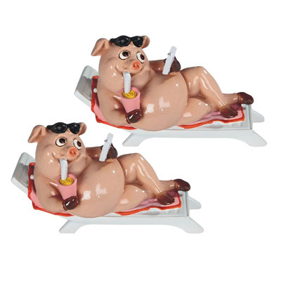 "2-PC Set" ICE ARMOR 7.25"W Piggy Sunbathing Figurine Figurine Statue Ornament Home/Room Decor and Perfect Gift Ideas for House Warming, Holidays and Birthdays Great Collectible Addition