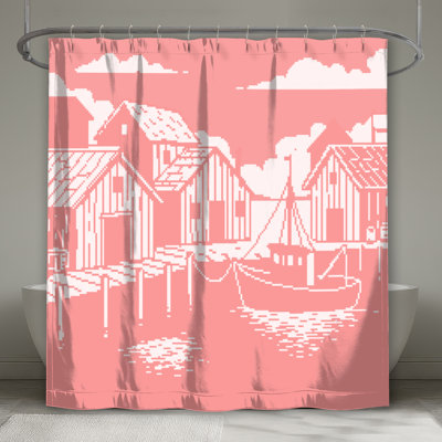Rideaux de douche extra longs à motif pixel art de scène côtière