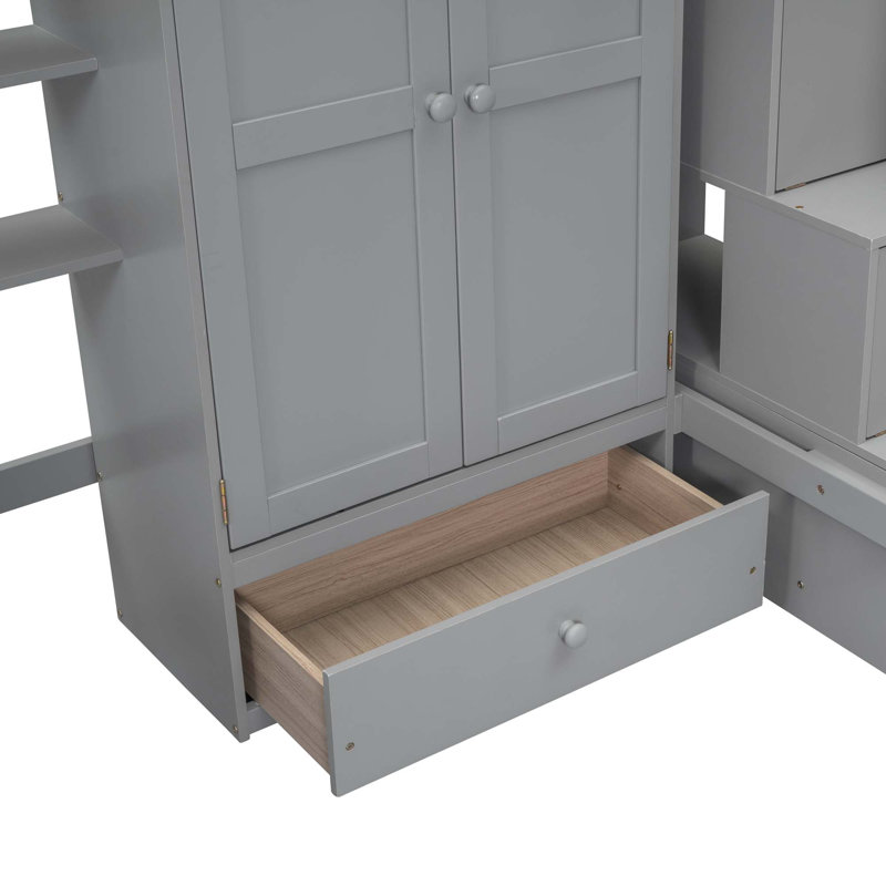 Loft Bed With Bookshelf,Drawers,Desk,And Wardrobe, Twin, Gray