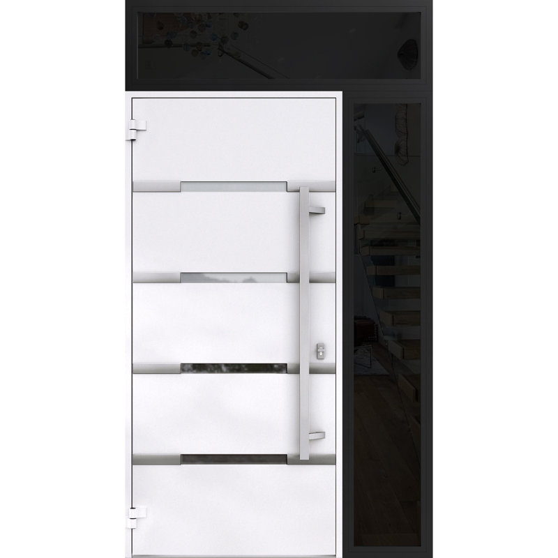 Porte avant en acier pré-suspendue à l'avant / deux portes en émail noir 1105 / fenêtre extérieure latérale et supérieure avec insert en acier inoxydable de style moderne l 36 po x H 80 po + 16 po à droite