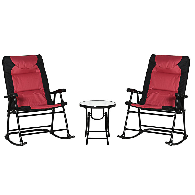 Ensemble de mobilier d'extérieur 3 pièces avec table basse en verre et 2 chaises berçantes pliantes et rembourrées