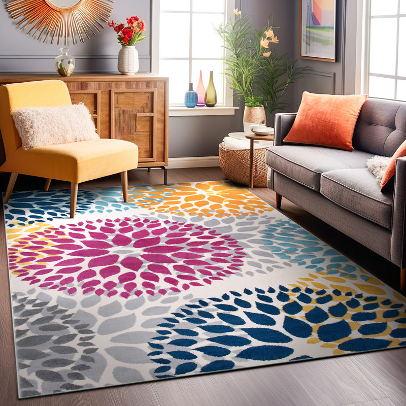 Tapis rose / bleu / bleu sarcelle arrière-plan, Rectangle 6 pi 6 po x 9 pi