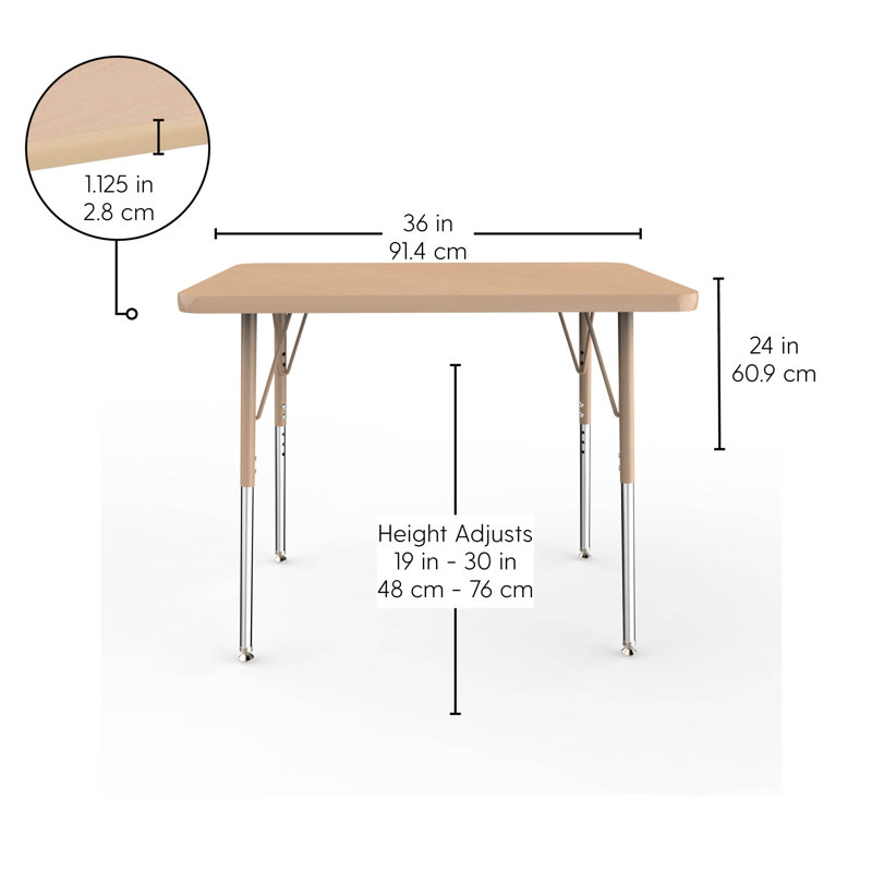 Table d'activité rectangulaire à hauteur ajustable, 30" H x 36" L x 24" W, Érable / érable / sable