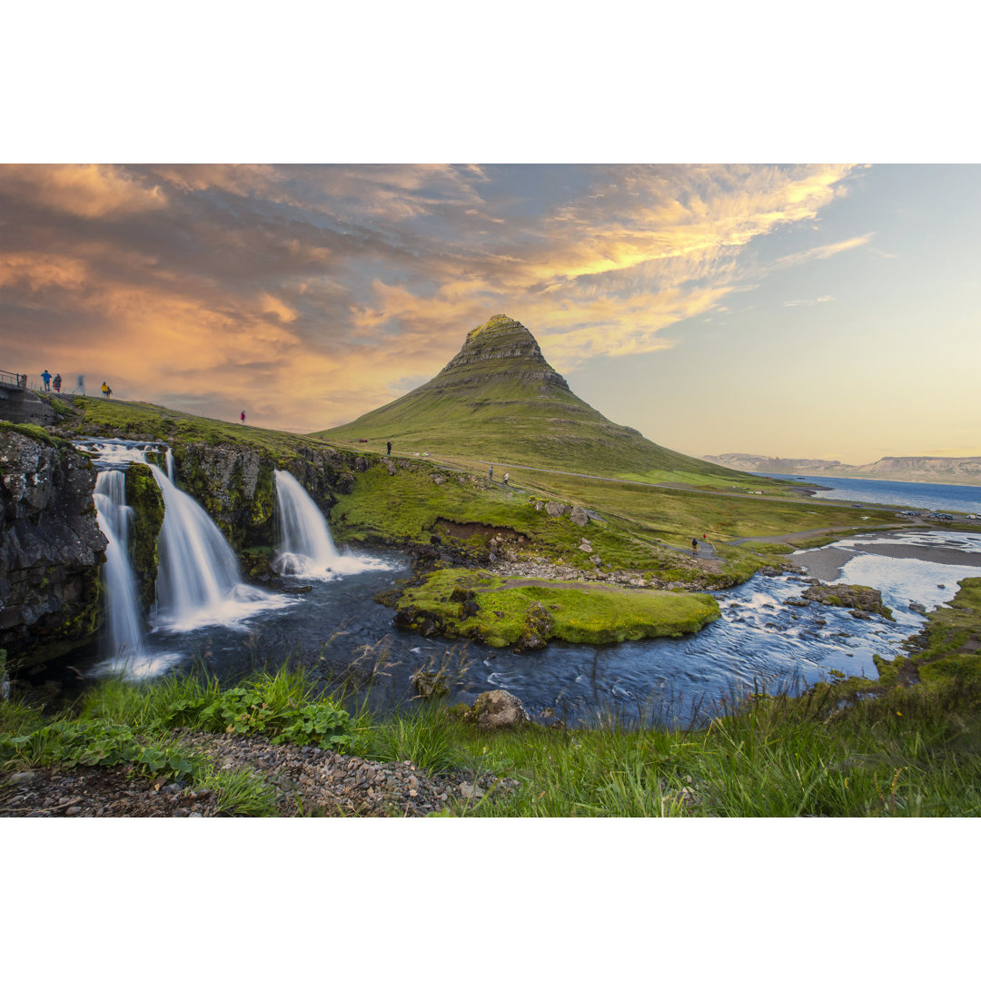 Sunset at Kirkjufell Waterfall - Wrapped Canvas Photograph