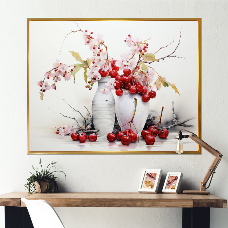 Cherry Simplicity - fruits, art mural, H 34 po x l 44 po x P 1,5 po, Cadre flottant doré
