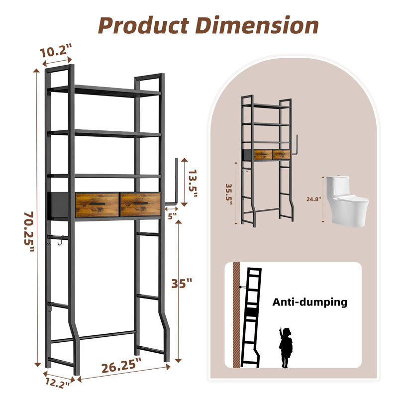 Rangement au-dessus de la toilette à 4 niveaux avec tiroirs, Noir