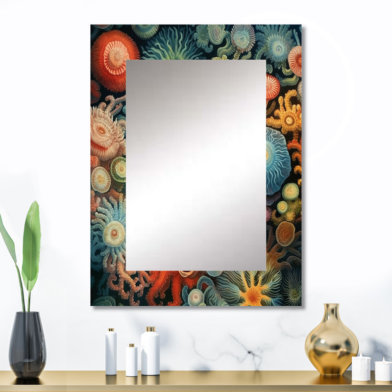 Beautiful Deep Sea Anemones Retro Harmony VI - Marine Animals Decorative Mirror, Blue Wall Mirror, Printed Metal Art