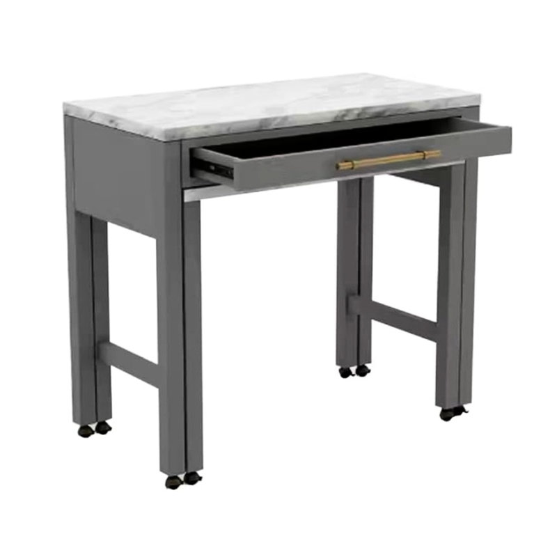 Table à hauteur de comptoir grise avec faux marbre, bois massif, tiroir, plateau extensible et sièges pour 4 personnes avec pieds en bois