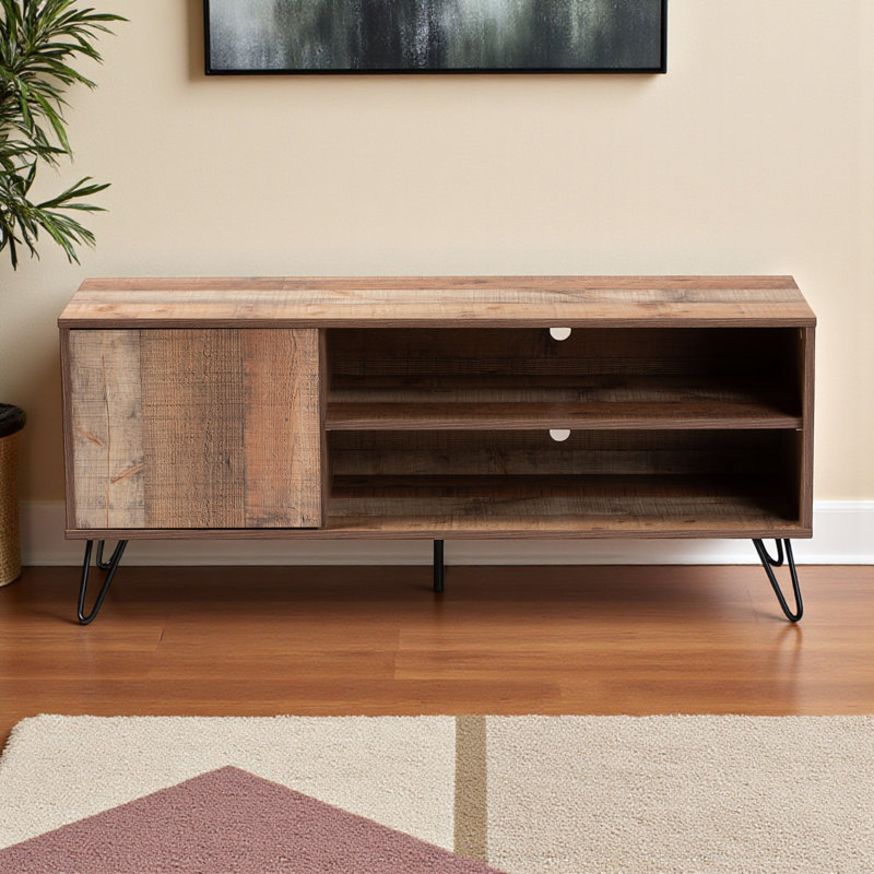 Nor Rustic 2-Open Shelf Oak Finished 1-Door Wood TV Stand, 19.84" H X 46.95" W X 15.36" D