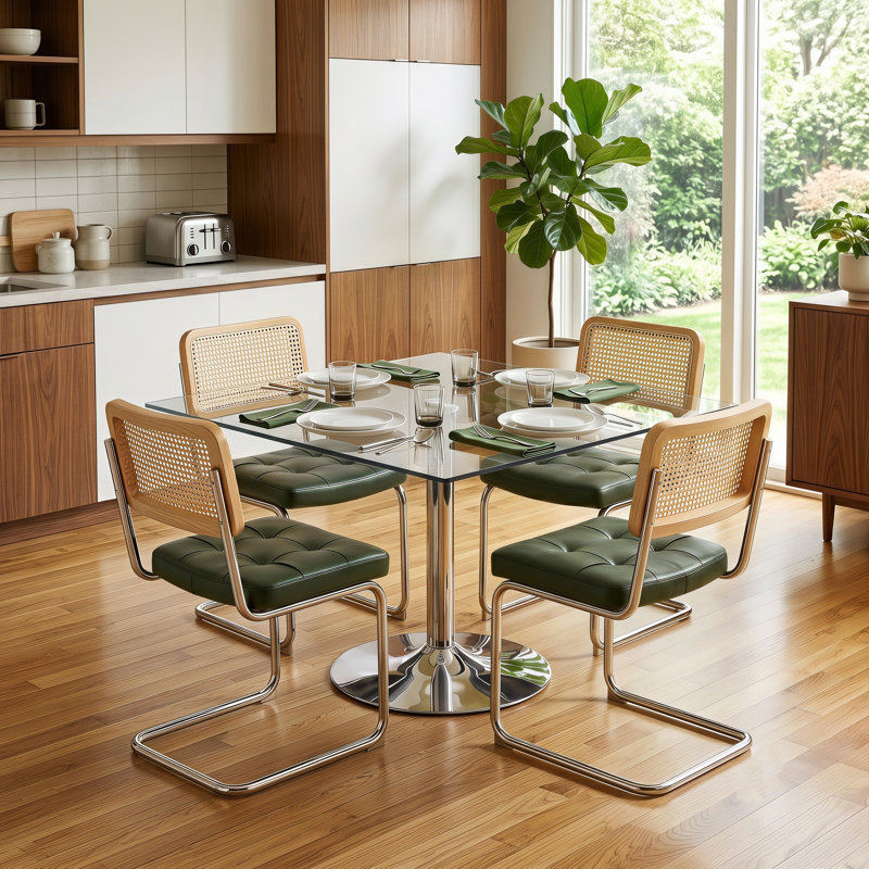 Ensemble de table de salle à manger 39 po en verre trempé pour 4 personnes avec chaises à dossier canne chromé, Green