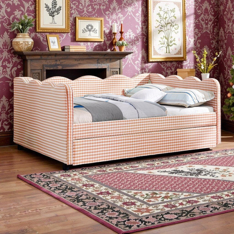 Lit de jour en lin double avec couchette simple, port de charge USB, lit Wave, Rose