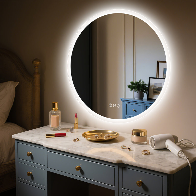Round Vanity Mirror with Lights, Defogging, Bluetooth, Dimmable Temperature, 23.5" x 23.5"